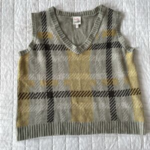 Y2K Academia Style Green Plaid Crop Sweater Vest Bella du Jour Juniors Size XL